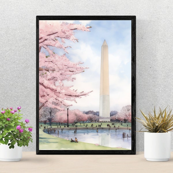 Washington DC Cherry Blossom Watercolor Digital Download Wall Art Print Washington Monument Artwork For Home Decor For Apartment