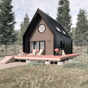 Small House Plans 1 bedroom | Modern Cabin Project with Loft | Wood Frame modern cabin design | Barndominium floor plan |