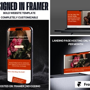 Könnte beinhalten: Eine Website-Vorlage, die mit Framer, einem Website-Builder, entworfen wurde. Die Vorlage ist für Social-Media-Management und verfügt über eine Landingpage mit einem Call-to-Action-Button. Der Text auf der Seite lautet "Social Media Management" und "Let Me Take The Social Media Guesswork From You And Get You A Feed That..." Die Vorlage wird auf Framer gehostet und erfordert keine Programmierung.