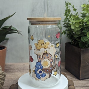 Care Bears 16 Ounce Glass Can, 80’s Nostalgic ,Uv Dtf Wrap Libbey Glass With Glass Straw And Bamboo Lid, Cartoon Bears