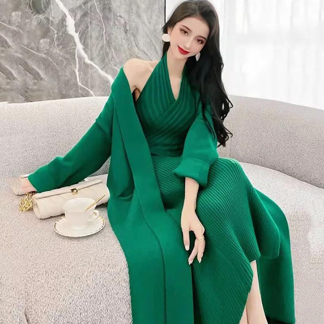 Luxury Solid Winter Elegant Two Piece Knitted Open Back Dress With a ...