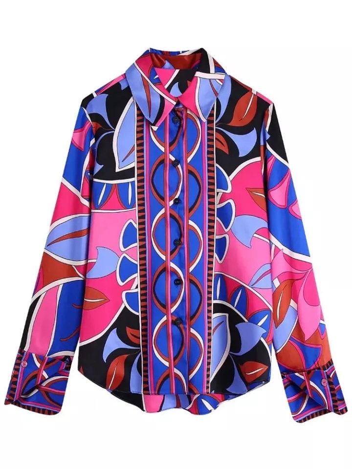 Latest Print Button up Shirt Vintage Long Sleeve Elegant Skirt/blouse ...