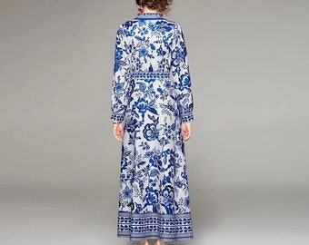 Monogram Flower Tile Long Shirt Dress Blue For Women - Fernize