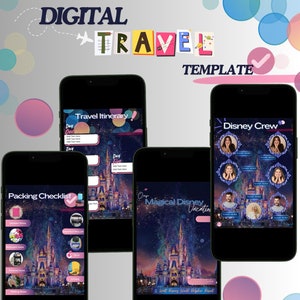 Pode incluir: Um modelo de viagem digital para férias na Disney. O modelo inclui uma lista de verificação de embalagem, um itinerário de viagem e uma colagem de fotos da equipe Disney. O fundo apresenta uma vista noturna do Castelo da Cinderela no Walt Disney World.