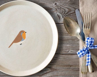 Robin bird, British birds, Ceramic plate with bird, Ceramic plates with robin bird, Bird watching gift, Dinner plate with bird illustration