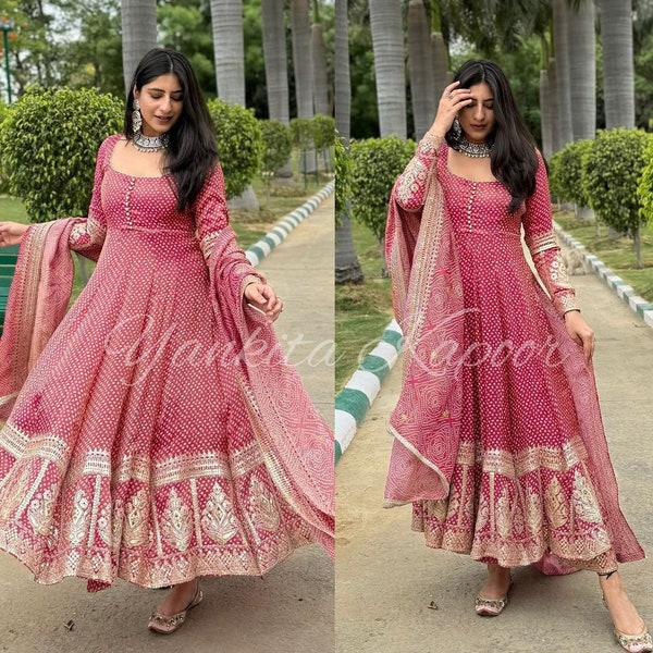 Indian Stylish Gajari Color Anarkali Salwar Suit With Dupatta For Women, party wear indian suit, festival wear indian outfit set for women