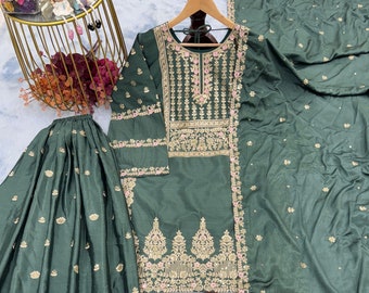 Ensemble salwar et kameez en soie avec ornements de paillettes, costume salwar pakistanais, tenue pour femme indienne, vêtements de sport, prêt-à-porter prêt-à-porter Kurti