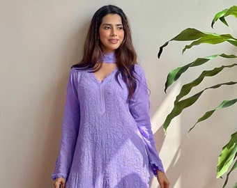 Lucknowi Chikenkari Design with Hit Lavender Color From Royal Sellerz buy indian traditional kurti kurta set look royal hand embroidery