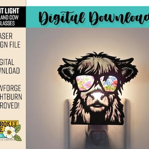 May include: A black night light featuring a Highland cow wearing sunglasses with a floral design. The night light is a digital download and is Glowforge and Lightburn approved. The text "Digital Download" is also visible.