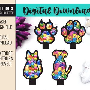 Dog + Cat Paws & Sillhouette Night Light Bundle - Open frame Nightlights - Lasergesneden nachtlampje - Lasergesneden bestand [alleen digitaal bestand]