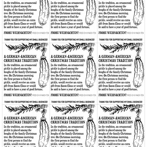 May include: A black and white illustration of a Christmas pickle ornament hanging from a Christmas tree branch. The text reads "A German-American Christmas Tradition" and "Frohe Weihnachten!"