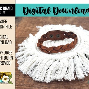 May include: A brown leather braided cuff bracelet with metal rivets, on a white macrame coaster. The image includes the text "Digital Download" and "Magic Braid Cuff".