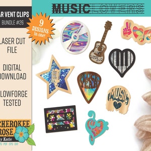May include: Nine laser cut designs for car vent clips featuring music-themed imagery. The designs include a guitar, a music note, a record, a microphone, a piano keyboard, a music pick, a cassette tape, and a treble clef. The designs are all in gold, silver, and black.