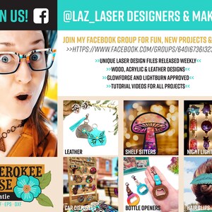 Puede incluir: Un gr&aacute;fico promocional para un negocio de dise&ntilde;o l&aacute;ser que muestra a una persona con gafas y un collar geom&eacute;trico. Incluye texto sobre un grupo de Facebook y exhibe varios productos cortados con l&aacute;ser, como art&iacute;culos de cuero, figuras decorativas, luces nocturnas, difusores para coche, abrebotellas y horquillas.