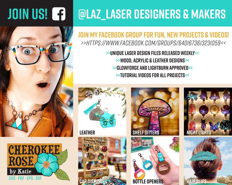 Puede incluir: Un gr&aacute;fico promocional para un negocio de dise&ntilde;o l&aacute;ser que muestra a una persona con gafas y un collar geom&eacute;trico. Incluye texto sobre un grupo de Facebook y exhibe varios productos cortados con l&aacute;ser, como art&iacute;culos de cuero, figuras decorativas, luces nocturnas, difusores para coche, abrebotellas y horquillas.