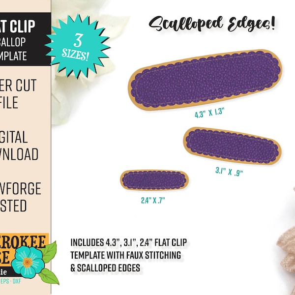 Flat Hair Clip Scallop Template Design - Faux Stitching - 3 Sizes - Hair Clip svg - Digital Laser File - PDF - SVG [Digital File Only]