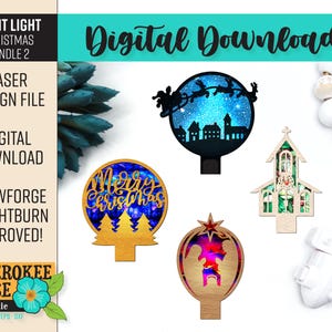 Paquete de luces de noche navideñas n.º 3: paquete de svg festivos: luz de noche cortada con láser, pestaña universal, archivo cortado con láser [solo archivo digital]