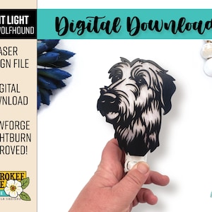 May include: A black and white Irish Wolfhound night light design. The laser design file is a digital download. The image includes the text "Night Light Irish Wolfhound", "Laser Design File", and "Digital Download".