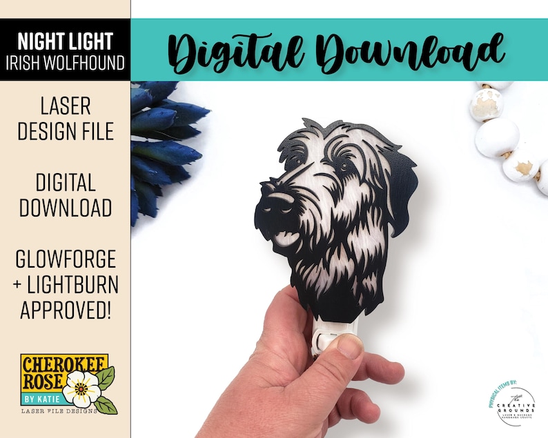 May include: A black and white Irish Wolfhound night light design. The laser design file is a digital download. The image includes the text "Night Light Irish Wolfhound", "Laser Design File", and "Digital Download".