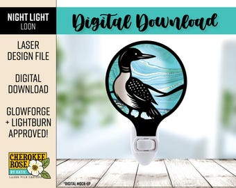 May include: A digital download design file for a night light featuring a loon silhouette on a blue and white marbled background. The design is compatible with Glowforge and Lightburn software. The image shows a digital mock-up of the night light.