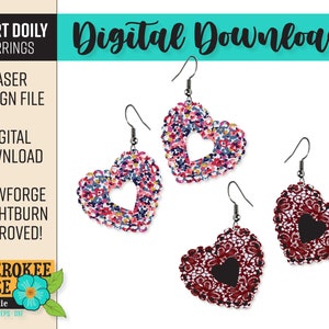 May include: Two pairs of heart-shaped doily earrings. One pair is red with a black heart in the center. The other pair is pink, blue, and yellow with a white heart in the center. The earrings are digital downloads for laser cutting.
