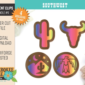 Könnte beinhalten: Ein Satz von vier digitalen Schnittdateien mit einem Regenbogen-Verlaufsdesign. Die Designs beinhalten einen Kaktus, einen Stierkopf, eine Bergszene mit einem Kaktus und einen stilisierten Adler. Der Text "SOUTHWEST" befindet sich oben im Bild. Der Text "4 DESIGNS in one!" befindet sich in einer Sternform.
