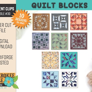 Puede incluir: Una descarga digital de 10 diseños de bloques de colcha para corte por láser. Los diseños presentan una variedad de patrones y colores, incluyendo rojo, azul, verde y marrón. Los diseños son perfectos para crear colchas únicas y personalizadas.