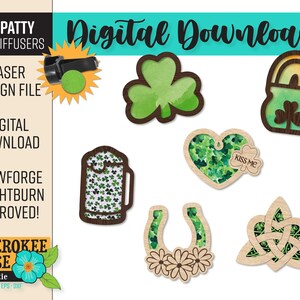 May include: A set of seven laser cut wood designs featuring St. Patrick's Day themes. The designs include a shamrock, a pot of gold, a heart with shamrocks, a horseshoe with shamrocks, a Celtic knot, a beer mug with shamrocks, and a car diffuser.