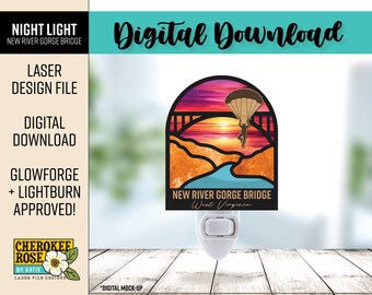 May include: A night light featuring a laser-cut design of the New River Gorge Bridge in West Virginia. The image includes a sunset, a paraglider, and the text "Digital Download". The night light is white and plugs into a wall outlet.