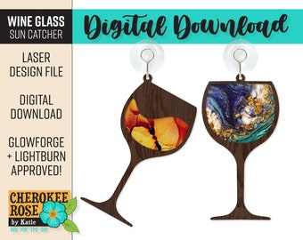 Wine Glass Sun Catcher - Wine Lover Design File - Tilting Wine Glass - Patternply Sun Catcher - Laser Cut File [Digital File Only]