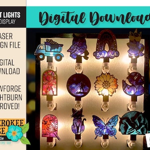May include: A display of illuminated night lights with various designs, including a truck, owl, rainbow, unicorn, stained glass, surfer, sunflower, duck, bird, cat, butterfly, and a sea creature. The image includes the text "Digital Download".