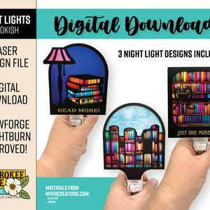 May include: Three night light designs with a bookish theme. One features a lamp and books, another a cityscape of books, and the third a bookshelf. Each design is a laser cut file for digital download.