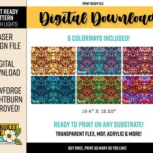 May include: Digital download file with six colorways of bokeh lights patterns. The file is 19.4" x 12.25" and ready to print on any substrate. Includes the text "Digital Download" and "Buy once, print as many as you like!"