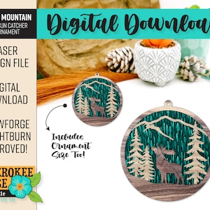 May include: Digital download file for a laser cut moose mountain ornament. The design features a moose standing in a forest with a teal background. The file is compatible with Glowforge and Lightburn.