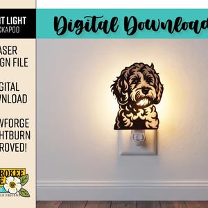 May include: A night light featuring a laser-cut design of a Cockapoo dog's head. The night light is plugged into a white wall outlet and emits a warm glow. The image includes the text "Digital Download".