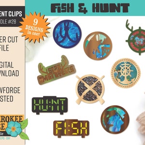 May include: A set of nine laser cut designs for car vent clips featuring a fishing and hunting theme. The designs include a fish, a hunting target, a compass, a boat, a pair of crossed rifles, a fish with a wave, a hunter, a clock with the word "hunt" and a clock with the word "fish".