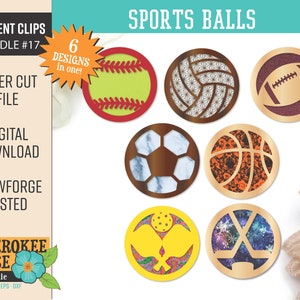 May include: Six laser cut designs of different sports balls, including baseball, volleyball, football, soccer, hockey, and a disc. The designs are in a circle shape and are perfect for car vent clips. The text "SPORTS BALLS" is at the top of the image.