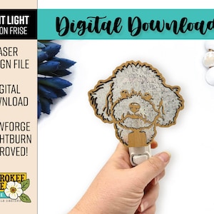 May include: A wooden night light featuring a Bichon Frise dog design. The dog's face is detailed with a textured, light-colored material, set against a wooden frame. The night light is held in a hand, with the text "Digital Download" visible.