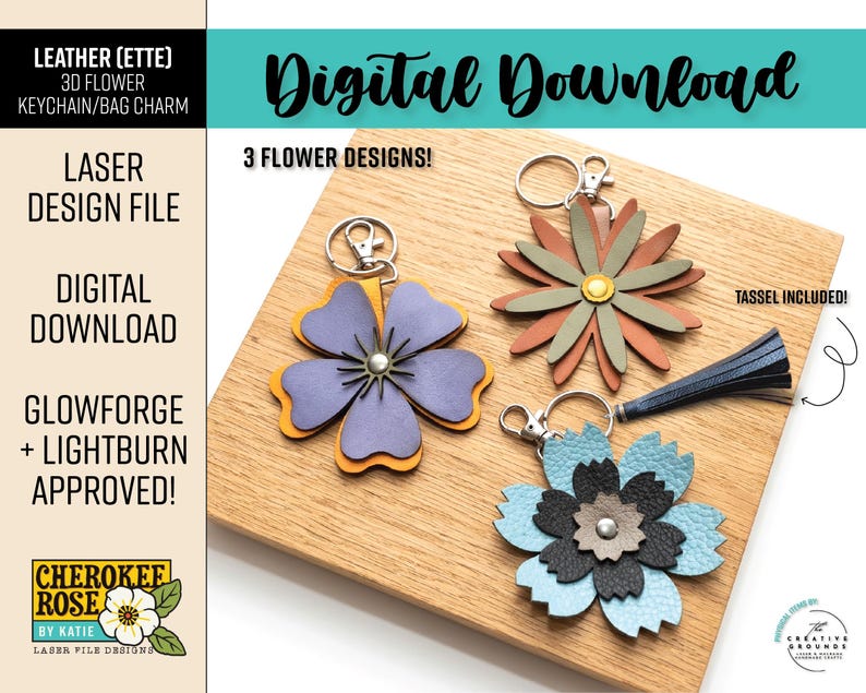 May include: Three layered flower keychains or bag charms made of leather-like material in purple, orange, rust, green, light blue, and black. Each features a metal keyring and lobster clasp. A dark blue leather-like tassel is included with the designs.