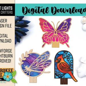 Paquete de luces de noche con forma de mariposa: silueta de libélula y cardenal - Luces de noche cortadas con láser - Diseño de pestaña universal - Archivo cortado con láser [Solo archivo digital]