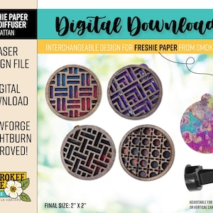 May include: A digital download file for a laser-cut car diffuser featuring four circular wooden frames with intricate geometric patterns, a colorful patterned insert, and a black plastic vent clip. Text includes "Digital Download" and "Final Size: 2" X 2"."