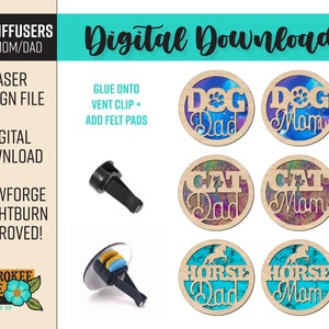 May include: Digital download design files for laser cutting car air fresheners. The designs feature a paw print and the words "Dog Dad", "Dog Mom", "Cat Dad", "Cat Mom", "Horse Dad", and "Horse Mom" on a wood background with a blue and purple swirl pattern.
