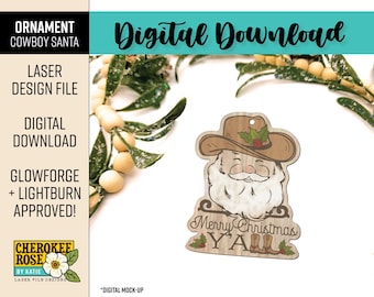 Adorno navideño de Papá Noel vaquero cortado con láser (archivo SVG y PDF, solo archivo digital)