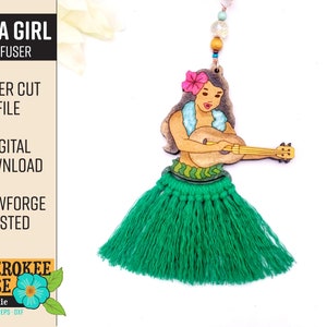 May include: Laser cut file for a Hula Girl diffuser. The design features a woman playing a ukulele with a flower in her hair and a green grass skirt. The text "HULA GIRL DIFFUSER" is at the top of the image.