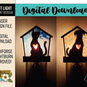 Puede incluir: Un archivo de descarga digital para un dise&ntilde;o de luz nocturna cortado con l&aacute;ser que presenta una silueta de un gato o un perro en forma de casa. El dise&ntilde;o est&aacute; aprobado para su uso con el software Glowforge y Lightburn.