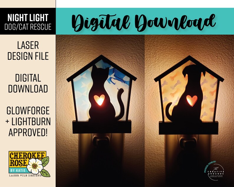 Puede incluir: Un archivo de descarga digital para un dise&ntilde;o de luz nocturna cortado con l&aacute;ser que presenta una silueta de un gato o un perro en forma de casa. El dise&ntilde;o est&aacute; aprobado para su uso con el software Glowforge y Lightburn.
