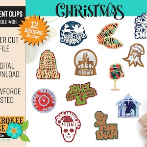 May include: A collection of 12 laser-cut Christmas-themed car vent clip designs. The designs include a snowflake, Santa's sleigh, a sweater, a snow globe with deer, and a skull with the word "JOLLY". The text "CHRISTMAS" is at the top.