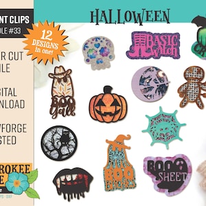 Puede incluir: Un conjunto de 12 clips de ventilación de coche con temática de Halloween, cortados con láser en madera. Los diseños incluyen una calabaza, una bruja, una telaraña, un fantasma y mucho más. Los diseños están todos en una variedad de colores y patrones.