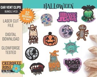 Puede incluir: Un conjunto de 12 clips de ventilación de coche con temática de Halloween, cortados con láser en madera. Los diseños incluyen una calabaza, una bruja, una telaraña, un fantasma y mucho más. Los diseños están todos en una variedad de colores y patrones.