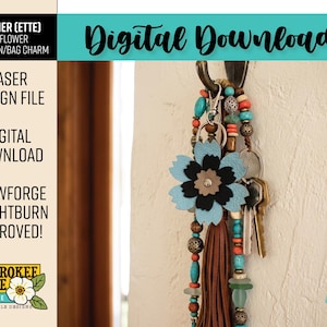 May include: A 3D flower keychain and bag charm featuring light blue, black, and grey layered petals, a brown leather tassel, and strands of turquoise, orange, and metallic beads. Text includes LEATHER (ETTE) 3D FLOWER KEYCHAIN/BAG CHARM, DIGITAL DOWNLOAD, GLOWFORGE + LIGHTBURN APPROVED!, and CHEROKEE ROSE BY KATIE.